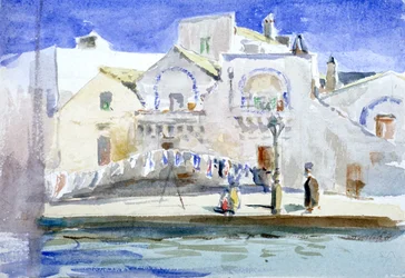Huizen bij een kanaal met een waslijn, ca. 1864-1930