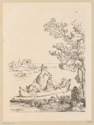 Rivierlandschap met een boot geroeid door een vrouw