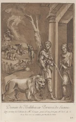 Een herder met een leeuw aan een lijn op de voorgrond, in het midden de sh..., ca. 1729-64