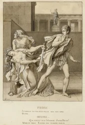 Phaedra, die haar passie heeft verklaard, probeert zichzelf te doden met het zwaard van Hippolytus