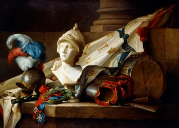 Een buste van Minerva met wapenrusting en wapens op een stenen richel, 1777
