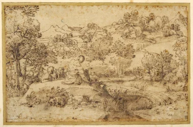 Landschap, op de voorgrond drie mannen rustend en een slapende hond, bij een stroom