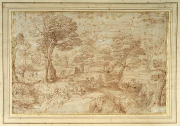 Landschap met de rust tijdens de vlucht naar Egypte, naar Annibale Carracci