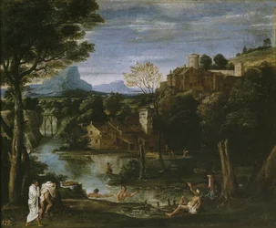Landschap met rivier en baders