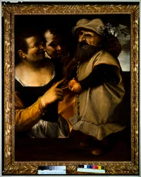Man en vrouw bewonderen een kind in vermomming, ca. 1582-85