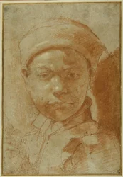Portret van een jongeling, buste-lengte, met een ronde pet