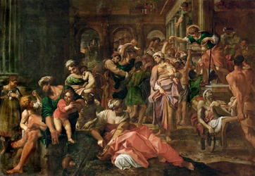 Sint Rochus deelt aalmoezen uit aan de pestlijders (schilderij op doek)