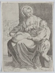 De Maagd zittend met een kussen op haar schoot en de jonge Christus staand rechts