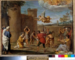 De steniging van de heilige Stefanus: de heilige Stefanus was de eerste christelijke martelaar die in 36 na Chr. door steniging stierf. Schilderij van Annibale Carracci of Annibal Carrache (1560-1609). 16e eeuw. Afmetingen 0,42 x 0,54 m. Parijs.