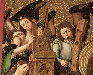 Centraal paneel van een altaarstuk gewijd aan St. Vincent de Martelaar van Zaragoza (detail van engelen die harp, fluit en gitaar spelen)