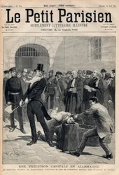 Een terechtstelling in Duitsland. Beul Friedrich Reindel (1824-1908) uit Maagdenburg onthoofdt de veroordeelde Klausin in de gevangenis van Berlijn. Gravure in «Le Petit Parisien» van 19-04-1891. Privécollectie.
