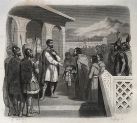 Een deputatie van de stad Clermont biedt het episcopaat aan Sint Sidoine Apollinar (Caius Sollius Apollinaris Sidonius) politicus, bisschop en Gallo-Romeinse schrijver (430-486). Gravure uit 1846 in 
