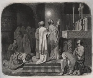 Een vuurbal verschijnt boven Sint Martinus, bisschop van Tours (316-397) terwijl hij werkt. Gravure uit 1846 in 