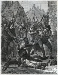 Een scène tijdens de Franse Revolutie: Theobald de Dillon (1745-1792) en een genieofficier genaamd Berthois, werden vermoord door de soldaten en het volk van Lille, die hen beschuldigden van verraad. Gravure uit 1866 in 