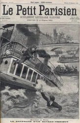Ongeluk in de Seine in Parijs - Het zinken van een Omnibusboot: de bemanning van de boot springt in de Seine om te ontsnappen. Le Petit Parisien, op 18/12/1898.