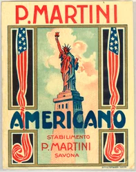 Advertentie voor Italiaanse short drink Americano, met Amerikaanse vlag en Vrijheidsbeeld
