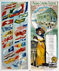 Reclame: Phono - cinema - theater: zie en hoor beroemde artiesten. Chromolithografie gepubliceerd op de Wereldtentoonstelling van 1900 met de vlaggen van verschillende landen. Parijs, Musée Carnavalet - Posterreclame 