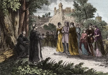 Albigenzische ketterij - St. Dominicus predikt tot de Albigenzen - gravure uit 1846 in Lives of the Saints. Privécollectie