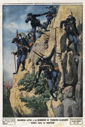Alpenjagers op zoek naar verloren Duitse toeristen. Ze wilden naar de Nero (Helm van Nero) berg van het Chartreuse-massief. Gravure in 