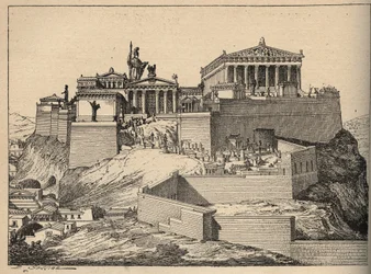 Oud Griekenland: het Parthenon, tempel van Athena, op de heuvel van de Akropolis van Athene - gravure 1890