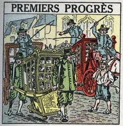 Dierlijke tractie: een draagstoel die het verkeer verstoort. Anonieme illustratie uit 1925. Privécollectie.