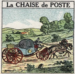 Dierlijke tractie: de postkoets. Anonieme illustratie uit 1925. Privécollectie.