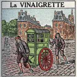 Dierlijke tractie: de rolstoel of “dressing” in de 17e-18e eeuw. Anonieme illustratie uit 1925. Privécollectie.