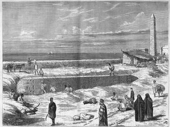 Archeologen in Egypte: de naalden (obelisk) van Cleopatra in Alexandrië. Gravure in "Het Illustere Universum"