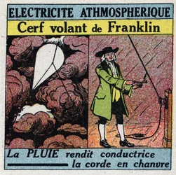 Atmosferische elektriciteit: vliegende hert van Benjamin Franklin (1706-1790) in de zomer van 1752. Anonieme illustratie uit 1925. Privécollectie.