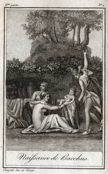 Geboorte van Bacchus, zoon van Jupiter en Semele. Gravure uit 1819 in 
