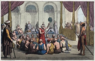 Brahmanen zingen lofliederen voor de god Rama - gravure uit ‘Usi e Costumi di Tutti i Popoli dell