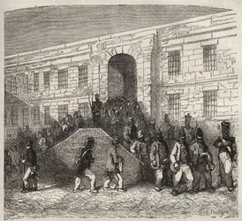 Bagne van Brest in de 19e eeuw. Gravure in “Histoire des bagnes depuis leur création à nos jours” (1877). Privécollectie