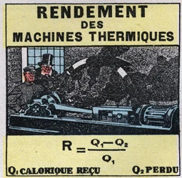 Calorimetrie: efficiëntie van thermische machines. Anonieme illustratie uit 1925. Privécollectie.
