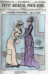 Cartoon over Parijse koppels. Twee vrouwen die over de autoriteit van hun echtgenoten praten: 