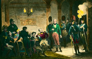 Zaak van Louis de Bourbon, hertog van Enghien (1772-1804): scène van het proces van de prins die verdacht wordt van samenzwering tegen de eerste consul Napoleon Bonaparte, hij werd zonder bewijs veroordeeld en geëxecuteerd. Gravure uit 1804. Privécollectie