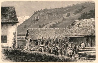 Viering van de katholieke eredienst in Saint Ursanne in Zwitserland in 1874, naar een foto. Gravure in 