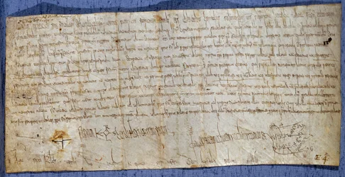 Handvest van koning Karel de Grote (742-814) die de abdij van Saint Denis vrijstelt van tolheffing tijdens de jaarmarkt. Eind 8e eeuw. Parijs, Nationaal Archief