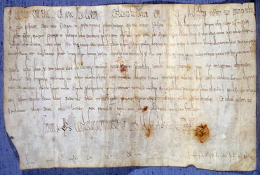 Oorkonde van koning Karel de Grote (Karel I, Karel de Grote of Carolus Magnus) (742-814), die de abdij van Saint-Germain-des-Prés op 27/03/779 vrijstelt van belasting. Parijs, Nationaal Archief
