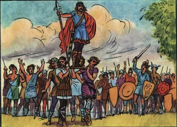 Clovis (koning van de Franken van 481 tot 511) werd tot koning gekozen door de Salische Franken die hem op het schild droegen terwijl ze door het kamp trokken. Anonieme illustratie in 