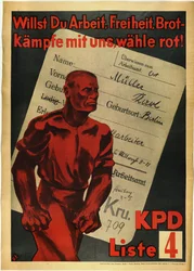 Communistische Partij van Duitsland "Wil je werk, vrijheid en brood? Vecht met ons, stem rood!" KPD, lijst 4