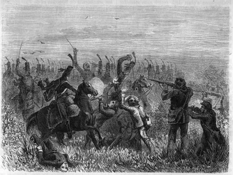 Volledige vernietiging van de Vendeanen: Slag bij Savenay in december 1793. Gravure uit 1866 in “Histoire de la Révolution française” door Adolphe Thiers. Privécollectie.