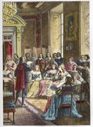 Corneille leest zijn tragedie Polyeucte voor in het Hotel de Rambouillet voor Catherine de Vivonne, Markiezin van Rambouillet en in aanwezigheid van de ruiters en mannen van de kerk (Bossuet was ook een van de habitués van de Blauwe Kamer) - Pierre