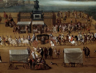 Stoet die langs het standbeeld van Henri IV op de Pont Neuf in Parijs passeert in de 17e eeuw (detail). Anoniem schilderij. Parijs, Musee Carnavalet