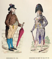 Kostuum van een bourgeois en een Incroyable in galakleding in 1788