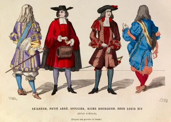Kostuums van heer, kleine abt, officier en rijke burger in Parijs onder het bewind van koning Lodewijk XIV in de 17e eeuw - privécollectie