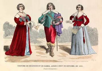 Kostuums van heren en dames na de hervormingsedit in Parijs in 1633 - privécollectie