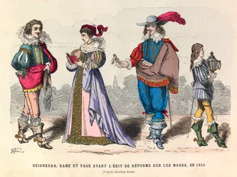 Kostuums van heren, dames en pages voor het edict van hervorming van de mode in Parijs in 1633