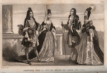 Kostuums tegen het einde van de regeerperiode van Koning Lodewijk XIV (1710). Gravure uit 1859 in 