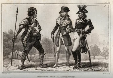 Kostuums onder de Conventie. Gravure uit 1859 in Le Monde. Geschiedenis van alle volkeren vanaf de vroegste tijden tot heden. door M. E. de Lostalot-Bachoue. Privécollectie.
