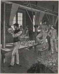 Kristalgraveerderswerkplaats in Frankrijk in de 19e eeuw. Gravure uit 1885 in 